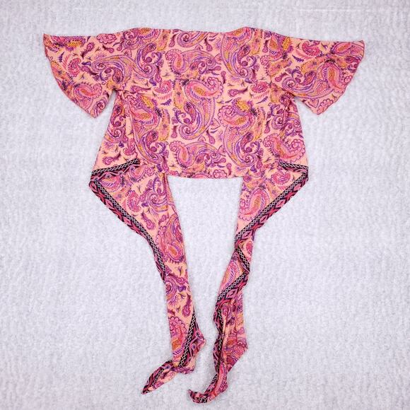 Silk Blend Blouse Sz L Pink Paisley Tie Front Butterfly Sleeve Boho Summer Flowy - Picture 3 of 9